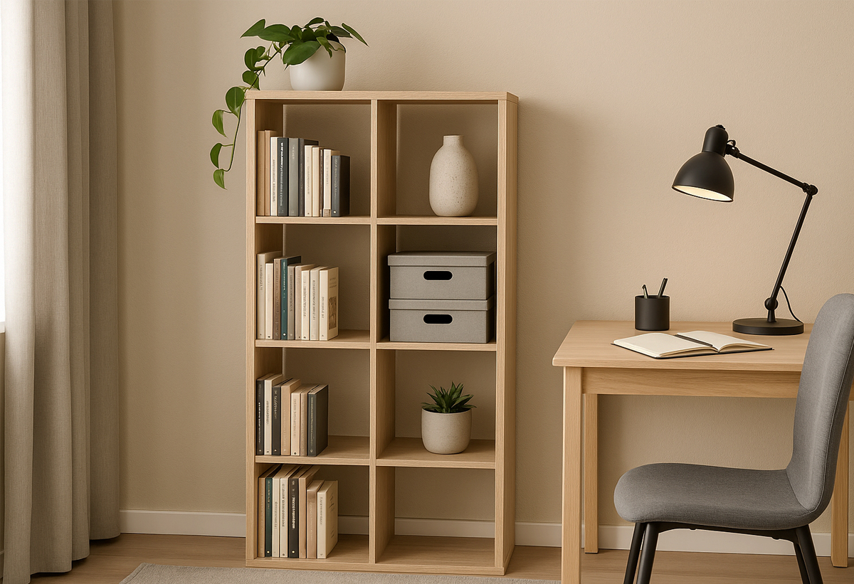 Απεικονίζεται η βιβλιοθήκη σε ένα σαλόνι.